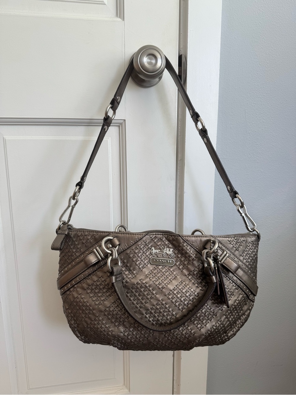 Coach Metallic Taupe Woven Leather Satchel with Stud Accents - Picture 2 of 5